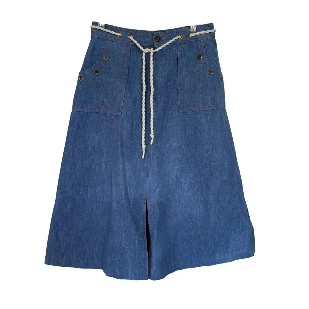 Vintage Denim Nautical A-Line Skirt Belted Western Sailor Pockets Summer